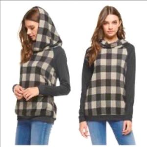 12 PM MON AMI Plaid Cowl Neck Hooded Top Soft Off Black Dark Grey Sz S M